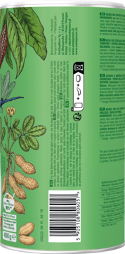 Zielona puszka organicznego musli 400g, tył z kodem kreskowym, ilustracjami liści i orzeszków ziemnych.