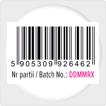 Biała, okrągła etykieta z kodem kreskowym multifunkcyjnego sticka: nr 5905309926462, partia DDMMRX.
