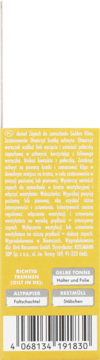 Tył żółtego opakowania produktu: góra czarna, dół żółty z czarnym tekstem, instrukcjami recyklingu i kodem kreskowym.