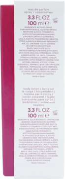 Tył białego opakowania zestawu Calvin Klein Euphoria (perfumy i balsam) z różowym bokiem, widoczny skład, 100ml.