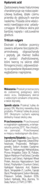 Fragment białej etykiety serum pod oczy, opis składników aktywnych: kwas hialuronowy, Triticum vulgare, wskazania.