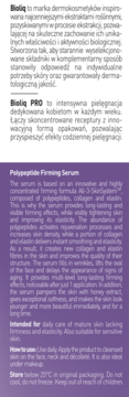 Tekst produktu Bioliq PRO Polypeptide Firming Serum: ujędrniające, z polipeptydami, na białym i fioletowym tle.