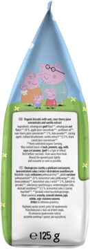 Back of 'Organic biscuits with oats' package, blue and green, Peppa Pig art, ingredients, 125g.