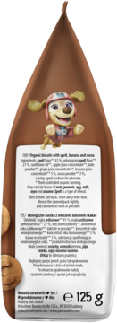Tył brązowego opakowania ciastek organicznych ze speltem, bananem i kakao, widoczna lista składników.