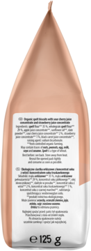 Tył opakowania organicznych biszkoptów orkiszowych 125g z sokami wiśniowymi i truskawkowymi, widoczna etykieta.