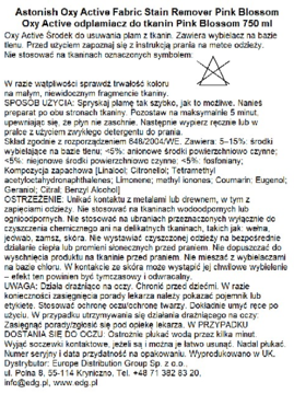 Tekst etykiety odplamiacza Astonish Oxy Active Pink Blossom 750 ml; widoczne skład, użycie i symbol: nie bielić.