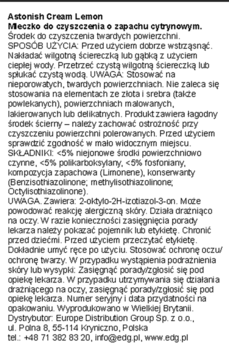 Tekst etykiety Astonish Cream Lemon: mleczko do czyszczenia o zapachu cytrynowym, szczegółowy opis.