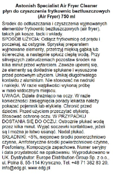 Etykieta Astonish Specialist Air Fryer Cleaner 750ml, biała z czarnym tekstem: instrukcje użycia i skład.