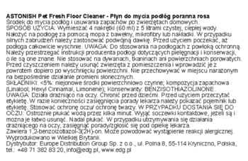 Biała etykieta ASTONISH Pet Fresh Floor Cleaner, zapach porannej rosy. Tekst z opisem i instrukcją użycia.