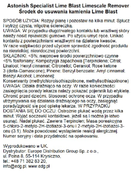 Astonish Specialist Lime Blast Limescale Remover, zbliżenie etykiety z instrukcją użycia, składem i ostrzeżeniami.