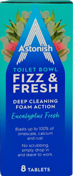 Astonish Toilet Bowl Fizz & Fresh, 8 Eucalyptus Fresh tabletek w niebieskim pudełku, widok z przodu.