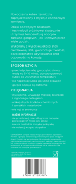 Instrukcja użycia kubka termicznego ze stali nierdzewnej na turkusowym tle. Biały tekst, kod kreskowy, symbol szklanki.
