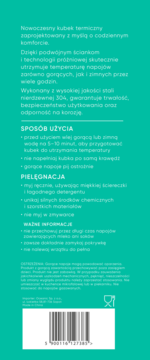 Tył nowoczesnego kubka termicznego, etykieta w języku polskim z instrukcjami użytkowania, pielęgnacji i kodem kreskowym.