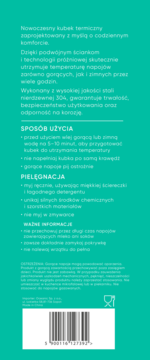 Tył turkusowego kubka termicznego z białym tekstem instrukcji obsługi, pielęgnacji i kodem kreskowym.