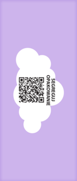 Opakowanie musującej chmurki, biała chmura z QR kodem i tekstem 'SEGREGUJ OPAKOWANIE' na fioletowym tle.
