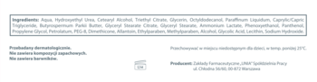 Lista składników kremu złuszczającego Alantan Dermoline z mocznikiem i kwasem glikolowym, widok z tyłu opakowania.
