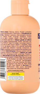 Tył brzoskwiniowej butelki odżywki do włosów z białą etykietą, kodem kreskowym i instrukcjami recyklingu.