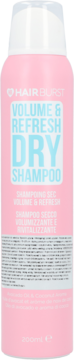Hair Burst Volume & Refresh Dry Shampoo 200ml, różowy aerozol w cylindrycznej butelce z białą zakrętką, widok frontalny.