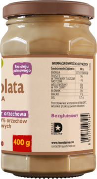 Tył słoika Nocciolata Bianca, kremu z orzechów laskowych bez kakao. Kolor cappuccino, etykieta z inf. odżywczymi, 400g.