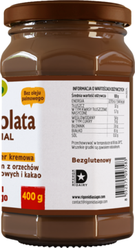 Tył brązowego słoika kremu czekoladowo-orzechowego Rigonias Lasiepa 400g, z etykietą bez oleju palmowego i bezglutenową.