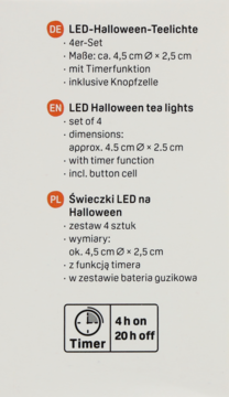 Etykieta z informacjami o produkcie: LED Halloween tealights, zestaw 4 sztuk z timerem 4h/20h, wymiary 4,5x2,5cm.