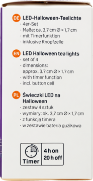 Boczne ujęcie białego pudełka LED Halloween tea lights z informacją o zestawie 4 sztuk i timerze 4h/20h.