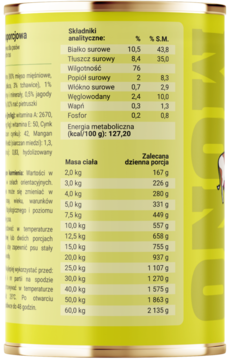 Tył żółtej puszki mokrej karmy Dobry Pies Wołowina z tabelą składników analitycznych i dawkowaniem.