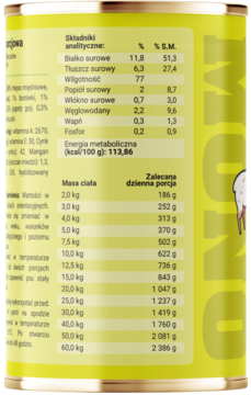 Puszka mokrej karmy Dobry Pies Czysta Proteina Jagnięcina, żółto-zielona etykieta z tabelą składu i dawkowania dla psów.