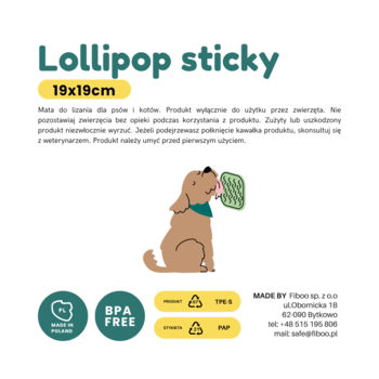 Grafika: mata do lizania Fiboo Lollipop Sticky 19x19cm dla psa i kota. Pies z matą, ikony recyklingu.