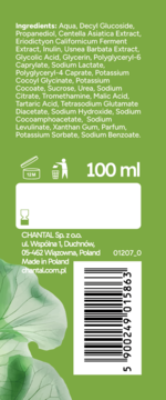Tył zielonego peelingu kwasowego Sessio Hey Centella! 100ml, składniki, kod kreskowy.