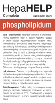 Białe opakowanie suplementu HepaHELP Complete phospholipidum, na froncie czerwony baner, widok ogólny.