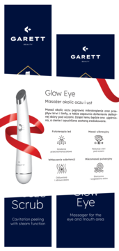 Biały masażer Garett Beauty Glow Eye do oczu, pionowo, z czerwoną wstążką, prezentujący zestaw do pielęgnacji skóry.
