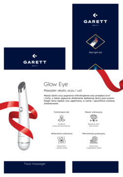 Biały masażer Garett Beauty Glow Eye do oczu i ust z czerwoną wstążką, widok na tle ciemnego opakowania.