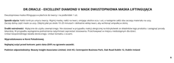 Dokument: opis DR. ORACLE Excellent Diamond V Mask, dwustopniowa maska liftingująca, czarny tekst na białym tle.