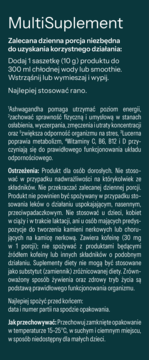 Etykieta suplementu diety MultiSuplement. Biały tekst na ciemnozielonym tle zawiera dawkowanie, skład i ostrzeżenia.