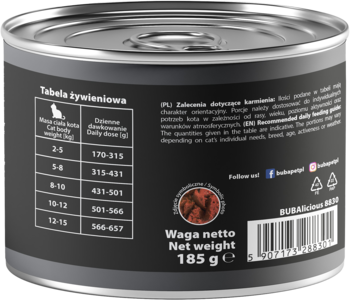 Tył czarnej puszki karmy dla kotów Bubalicious More Meat z kozą, widoczna tabela żywieniowa i waga netto 185g.