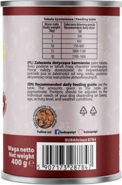 Tył puszki mokrej karmy Bubalicious Daily z wołowiną dla psów, tabela karmienia i waga netto 400g.