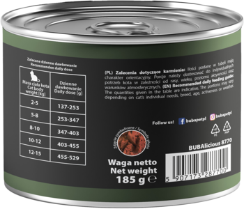 Tył puszki karmy Bubalicious More Meat z dzikiem 185g, z zieloną etykietą, tabelą dawkowania dla kota i kodem kreskowym.