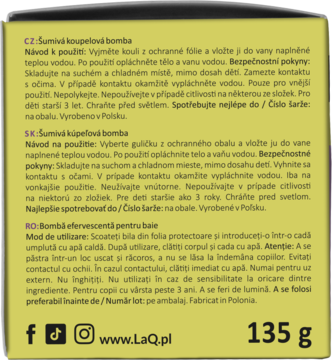 Tył opakowania musującej kuli do kąpieli LaQ Niezapominajka, z instrukcjami w 3 językach i wagą 135g.