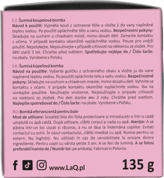 Tył różowego, okrągłego opakowania musującej kuli do kąpieli LaQ Piwonia z instrukcjami, 135 g.