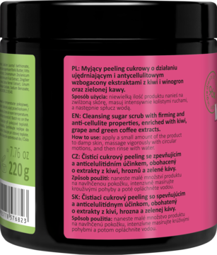 Tył czarnego słoika peelingu cukrowego KIWI I WINOGRONA, z zielonym i różowym opisem EN: Cleansing sugar scrub.
