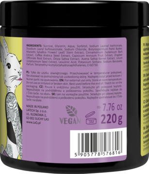 Tylna etykieta czarnego słoika z ujędrniająco-antycellulitowym peelingiem Niezapominajka, 220g.