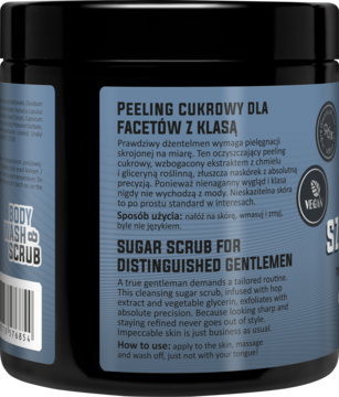 Tył czarnego słoika LaQ Kozioł z Klasą, peeling cukrowy, z niebieską etykietą i tekstem Sugar Scrub.