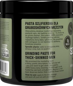 Tył czarnego słoika LaQ 'Pasta Szlifierska dla Gruboskórnych Mężczyzn' z oliwkową etykietą, widoczny opis produktu.