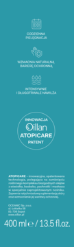 Zielona etykieta Oillan Atopicare 400ml emulsji do kąpieli, z ikonami pielęgnacji, nawilżania i patencie.