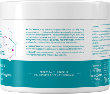 Tylna etykieta białego słoiczka Oillan Skin Control 500ml, balsam wygładzający z ektoiną i mocznikiem.