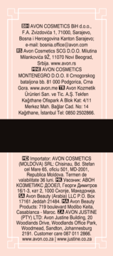 Zeskanowany dokument z listą adresów i danych kontaktowych dla Avon Cosmetics z wielu krajów.