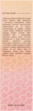 Tył opakowania eliksiru Let Me Glow z polskim tekstem o subtelnej opaleniźnie, blasku, nawilżeniu i "MADE IN POLAND".