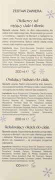 Beżowa etykieta zestawu kosmetyków do ciała: żel myjący (300ml), balsam (200ml) i olejek (100ml). Tekst po polsku.