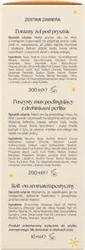 Tył kremowego opakowania zestawu kosmetyków z listą produktów: żel (300ml), mus (200ml) i roll-on (10ml) po polsku.